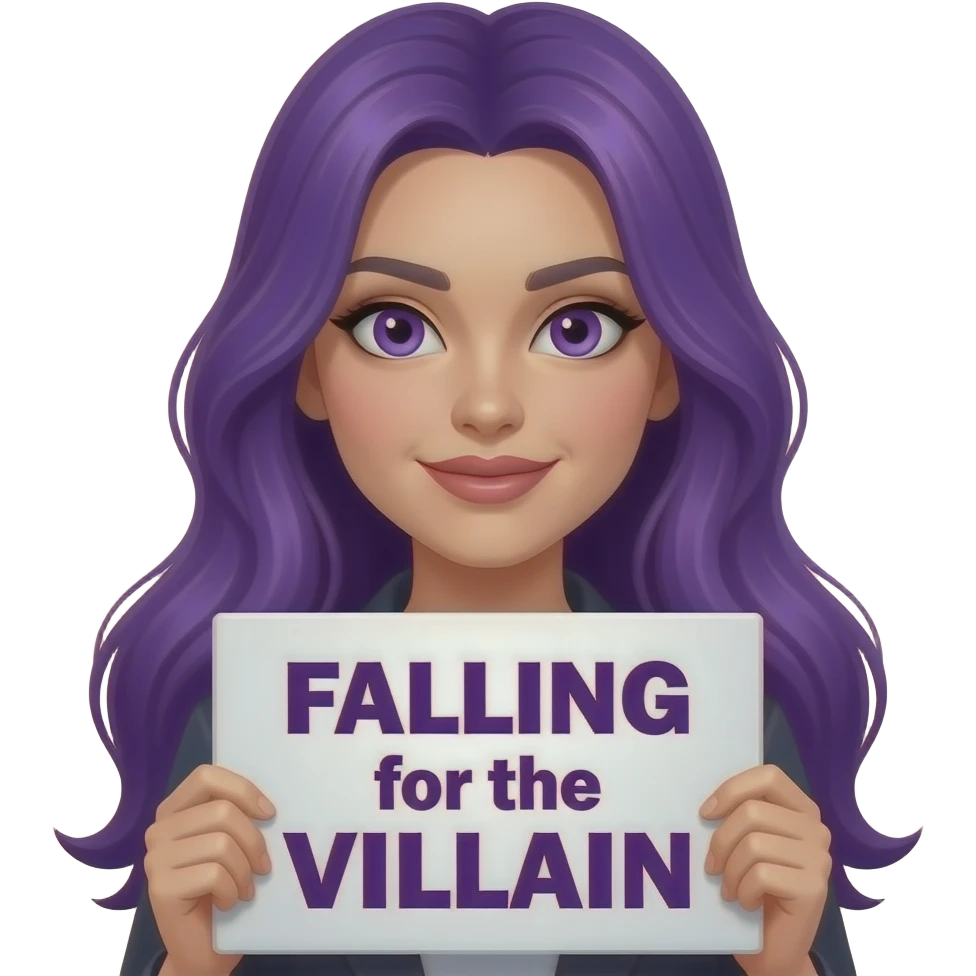 sexy girl with long purple hair and purple eyes holding a FALLING for the VILLAIN sign emoji