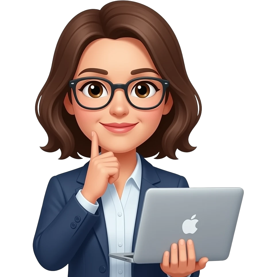 female teacher thinking brown hair with a macbook emoji