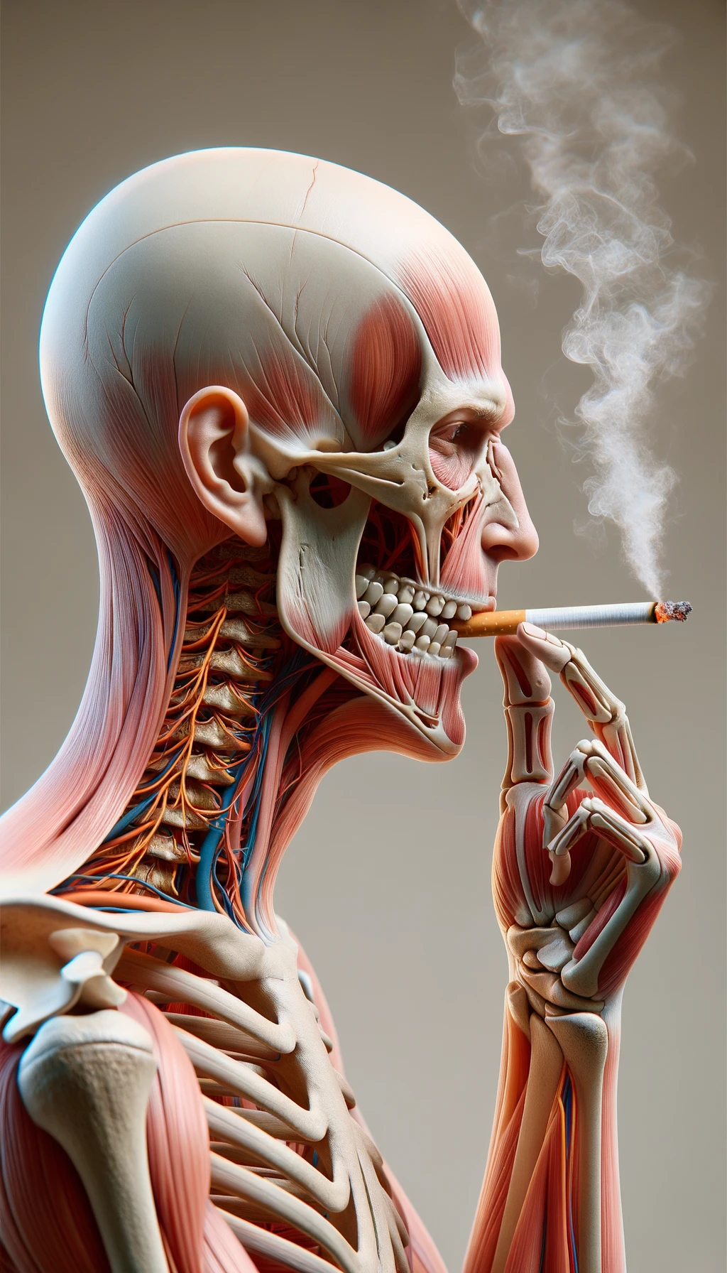 CORPO UMANO ANATOMICO CHE FUMA UNA SIGARETTA E TOSSISCE, NEUTRAL CLEAR BACKGROUND, iperrealistico 4k emoji