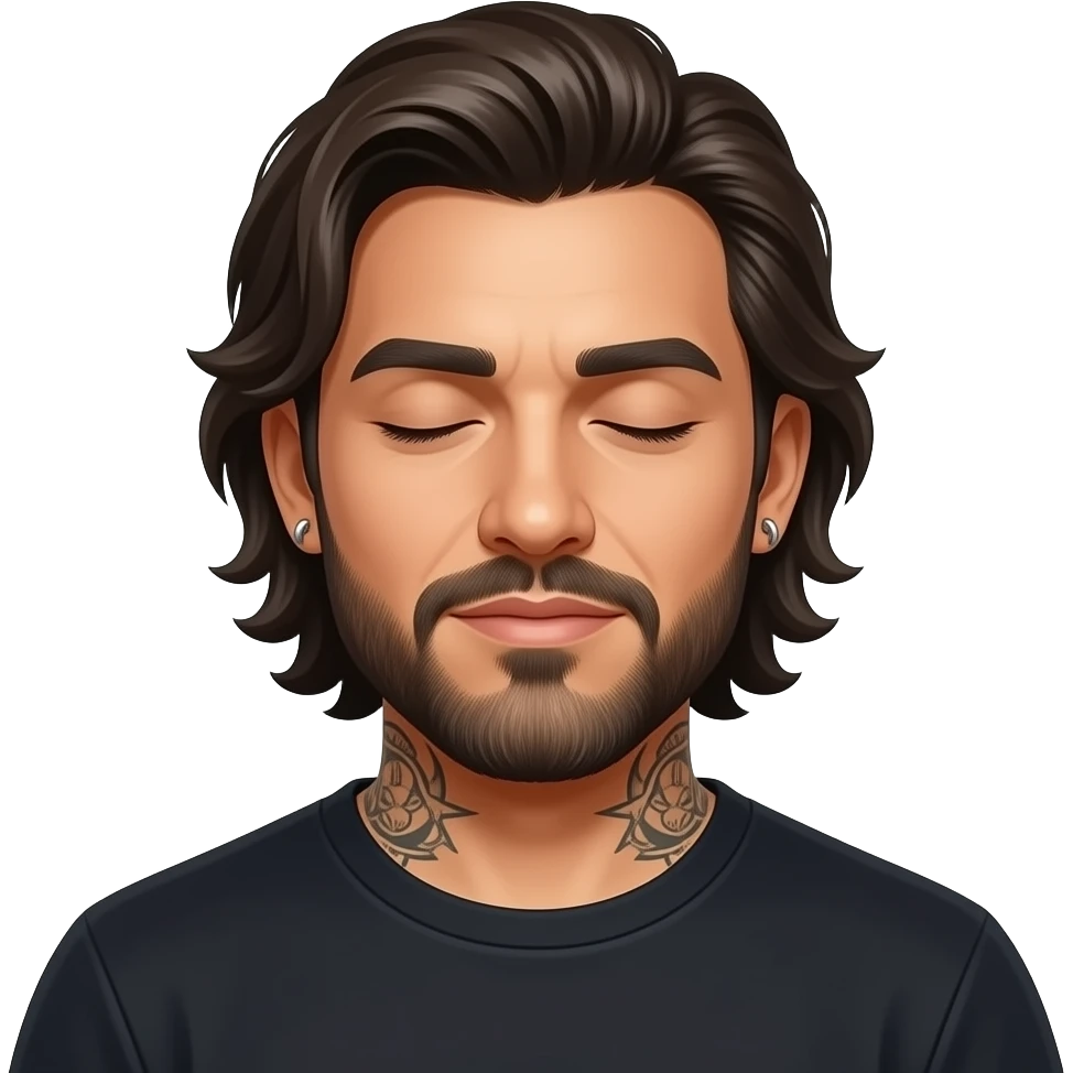 The handsome Latino podcast host with medium length hair, a long lightly graying beard and tattoos, his ear pierced and right nostril as well, covering his eyes emoji