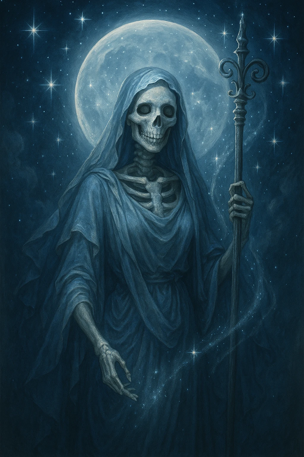 goddess skeleton, serene expression, holding a staff, moon and stars, magical energy emoji