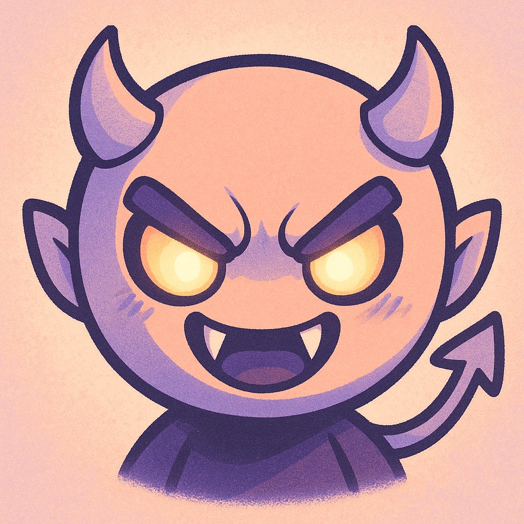 devil emoji, chibi style, pastel palette with peach and lilac colors, sharp fangs, glowing eyes, dramatic shadows emoji