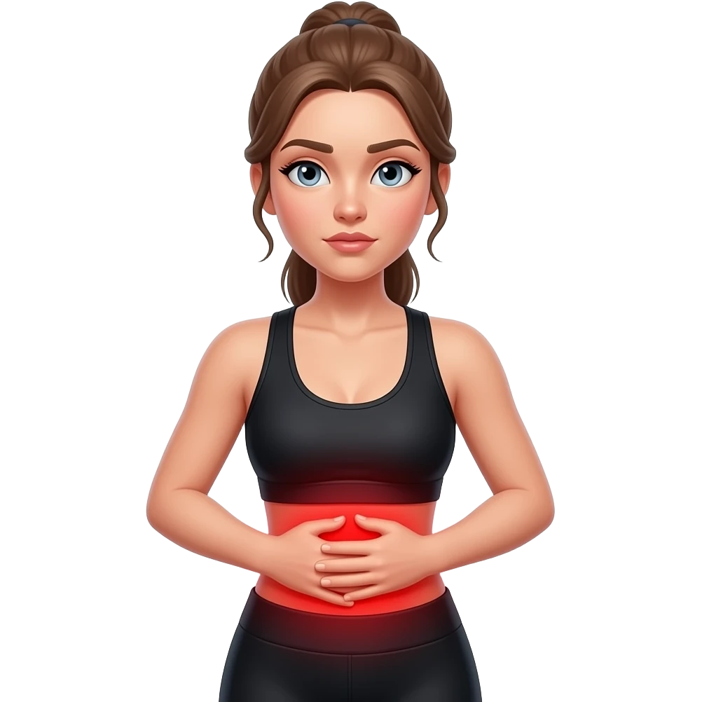 core pain, full red glow covering the entire abdominal and waist area, woman holding her abdomen, fair-skinned woman, gray-blue eyes, ash brown brows, ash light brown hair tied back, slim athletic body, black workout set emoji