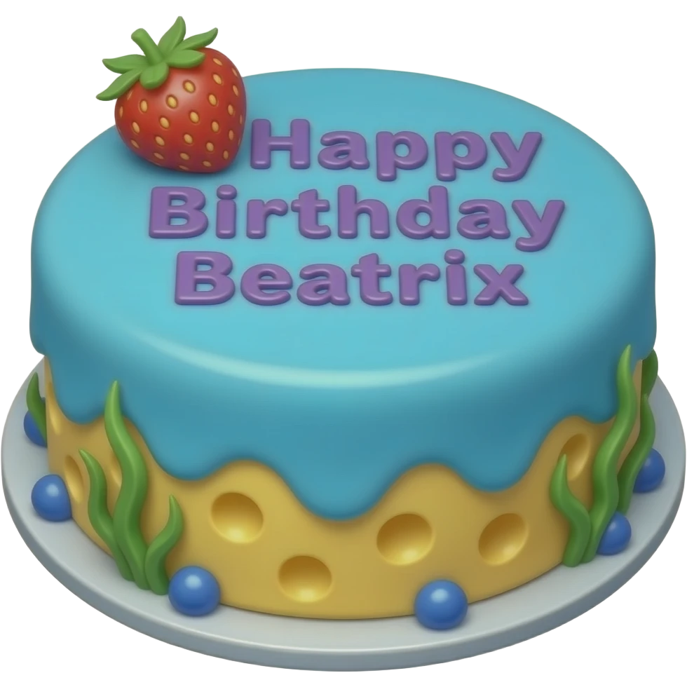 A cheese and chocolate strawberry cake that’s all blue and ocean that had starry purple letters saying happy birthday Beatrix emoji