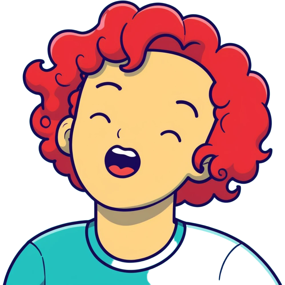 person with curly red hair and downturned eyebrows, moaning with ecstasy emoji