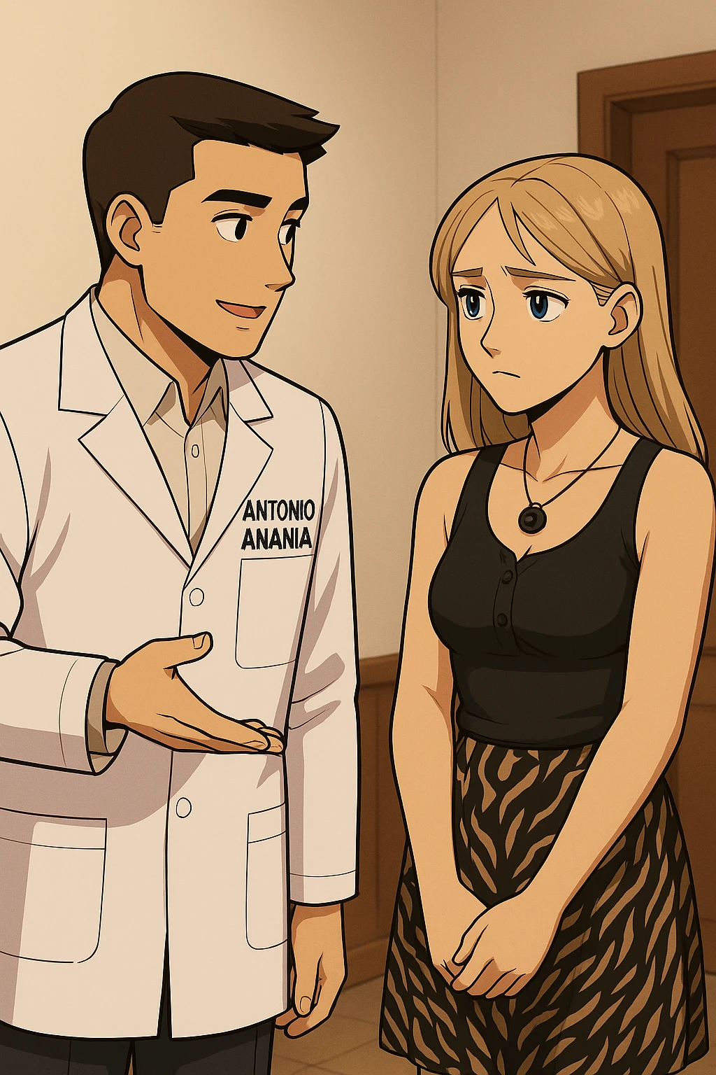 fai un webtoon/manga a colori con questo kinesiologo in camice bianco (fagli la scritta "ANTONIO ANANIA" SUL CAMICE) CHE PARLA CON QUESTA RAGAZZA CON GLI OCCHI AZZURRI. la ragazza gli fa una domanda preoccupata e IL KINESIOLOGO CON IL CAMICE BIANCO LE risponde. NON FARE I FUMETTI, FAI SOLO LORO COME SE DIALOGASSERO emoji