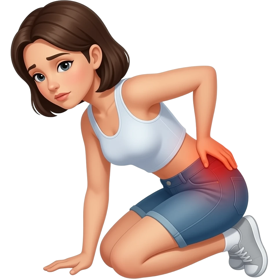 una mujer tocandose la espalda y agachandose, sintiendo dolor emoji