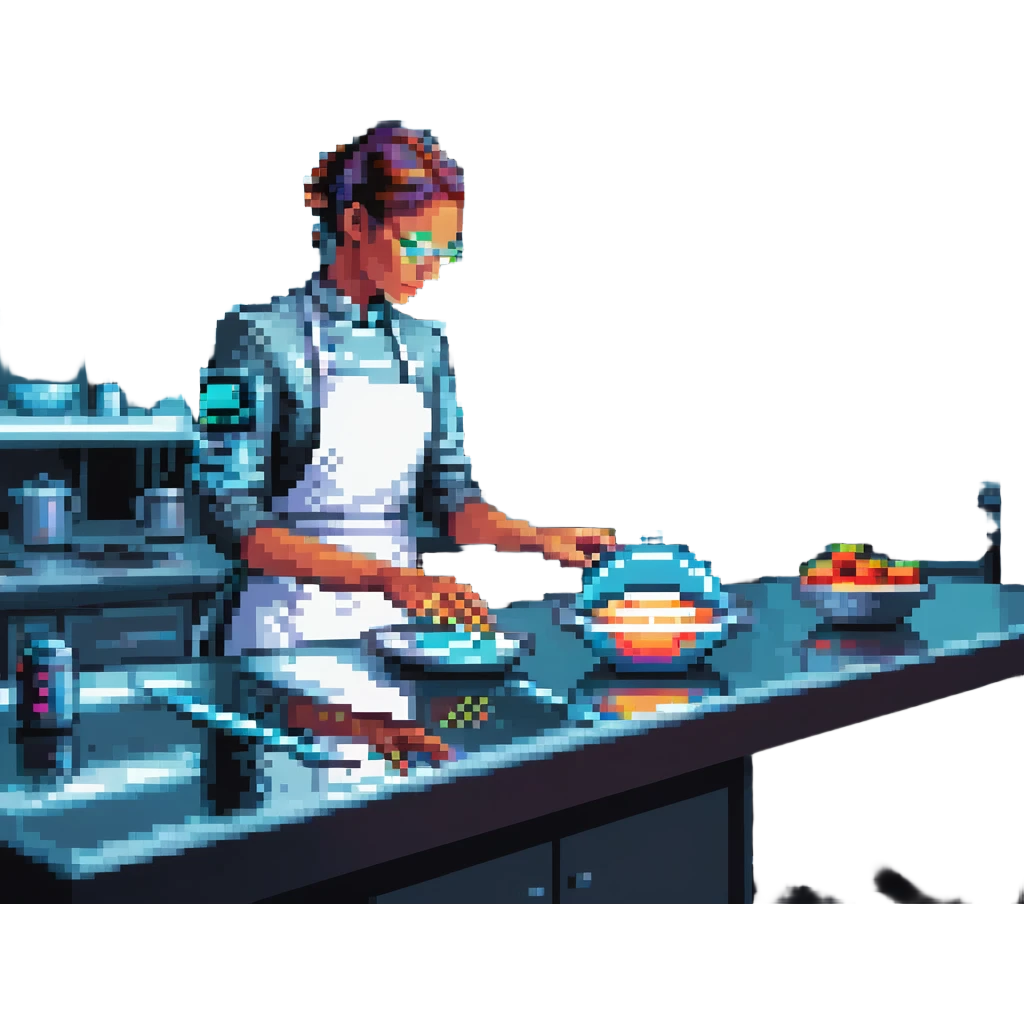 A sleek cyborg baker using holographic ingredients and laser precision. The kitchen is a fusion of chrome, glass, and neon. Interface elements float like holograms, with glowing edges, translucent layers, and tactile feedback illusions. emoji