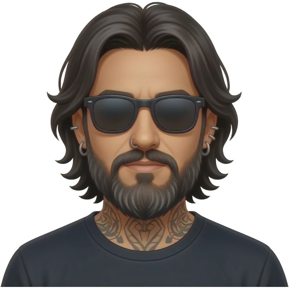 The handsome Latino podcast host with medium length hair, a long graying beard and tattoos with dark sunglasses, his ear pierced and right nostril as well, covering his eyes emoji