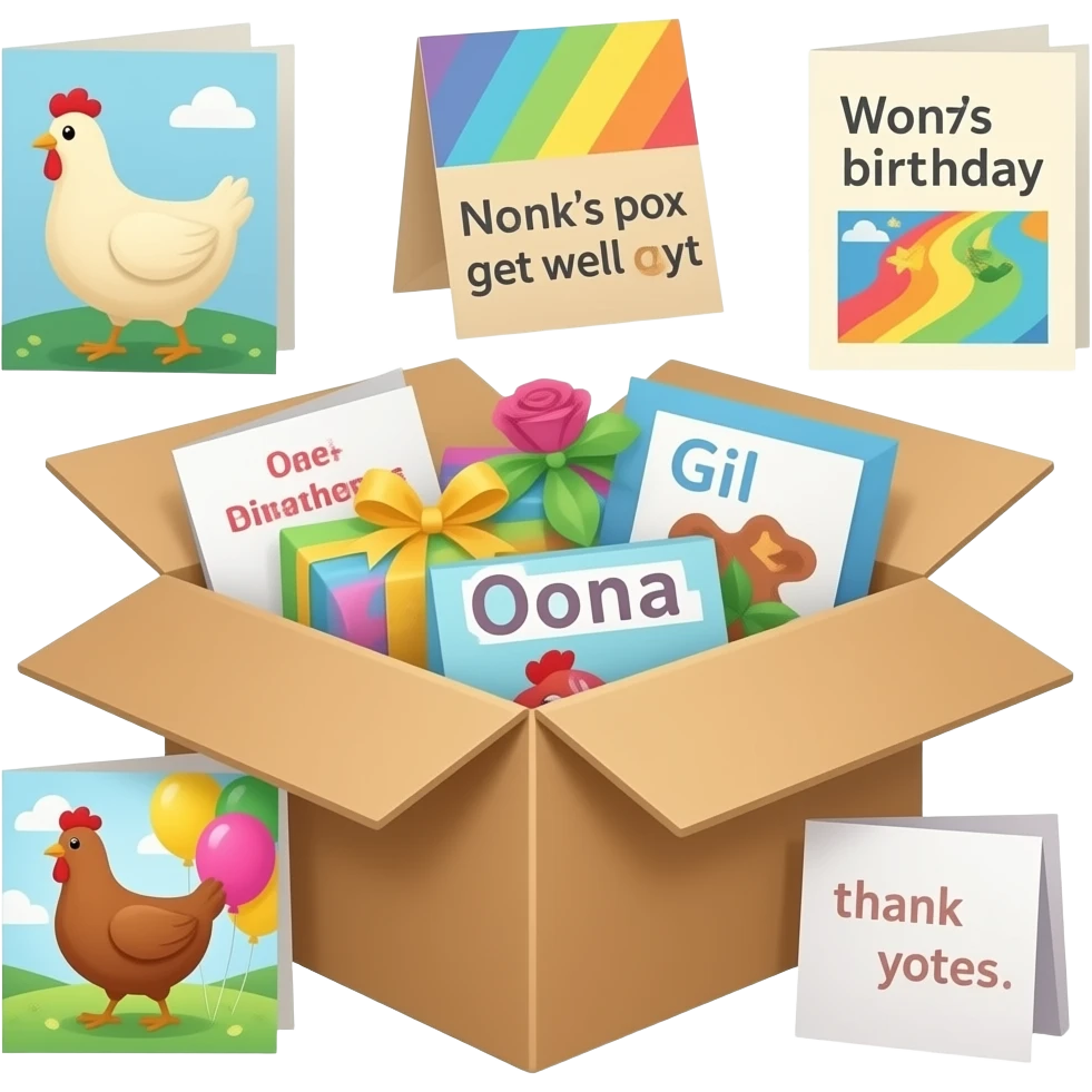 Goby’s Packages in the box, get well cards for nonny’s chicken pox, oona’s birthday cards, and Gil’s thank you notes emoji