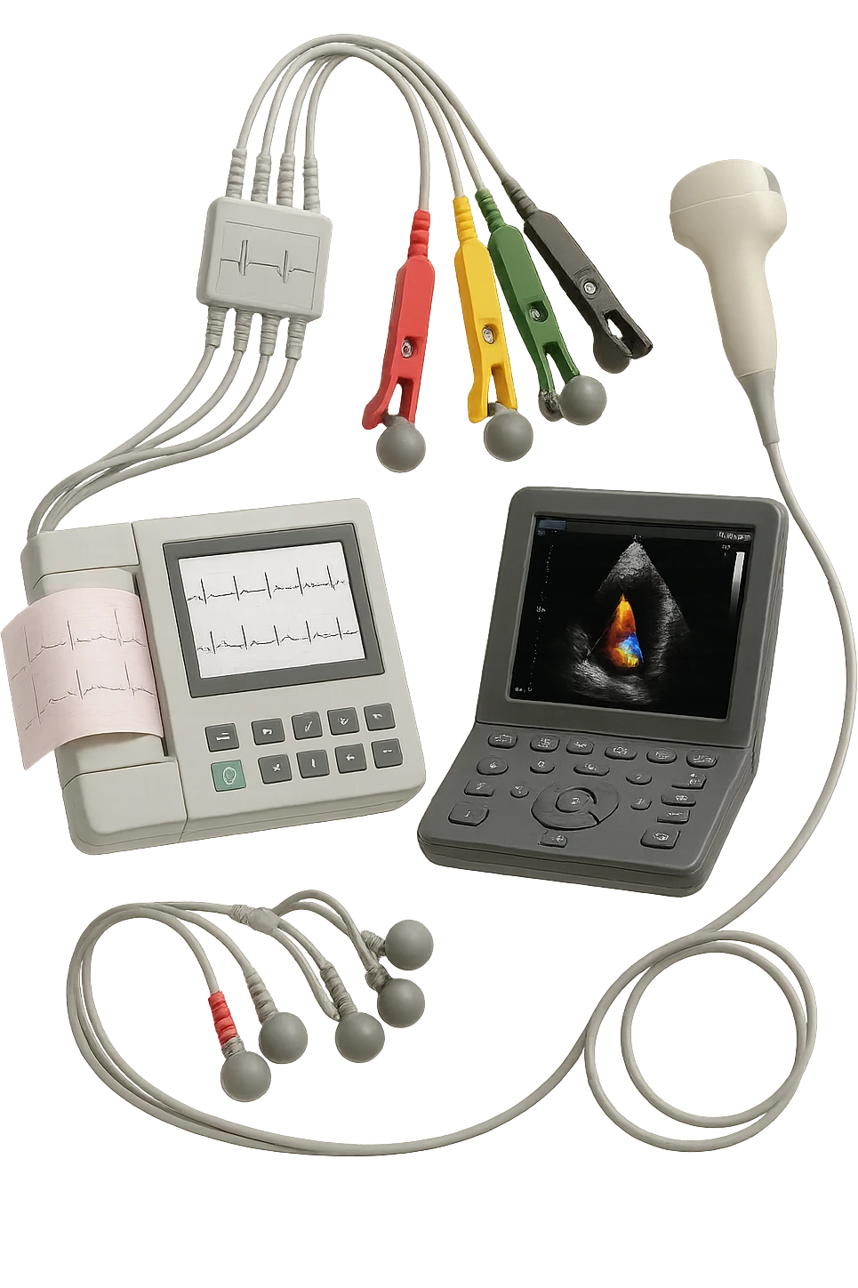 STRUMENTI MEDICI PER FARE ECG e ecocardio FLUTTUANO IN ARIA, iperrealistico 4k, isolato su sfondo bianco emoji