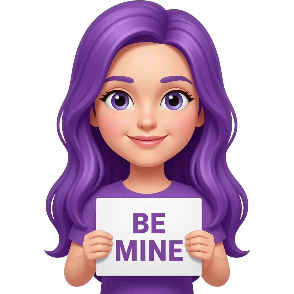 girl with long purple hair holding a BE MINE sign emoji