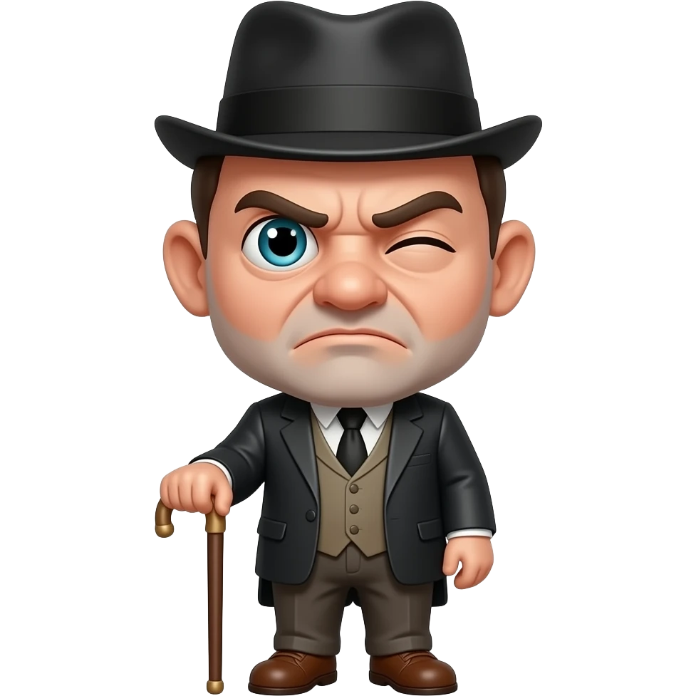 Start with t let's hearop smaller more of a suspicious look on his face head bigger feethat and cane frowning and blinking his eye emoji