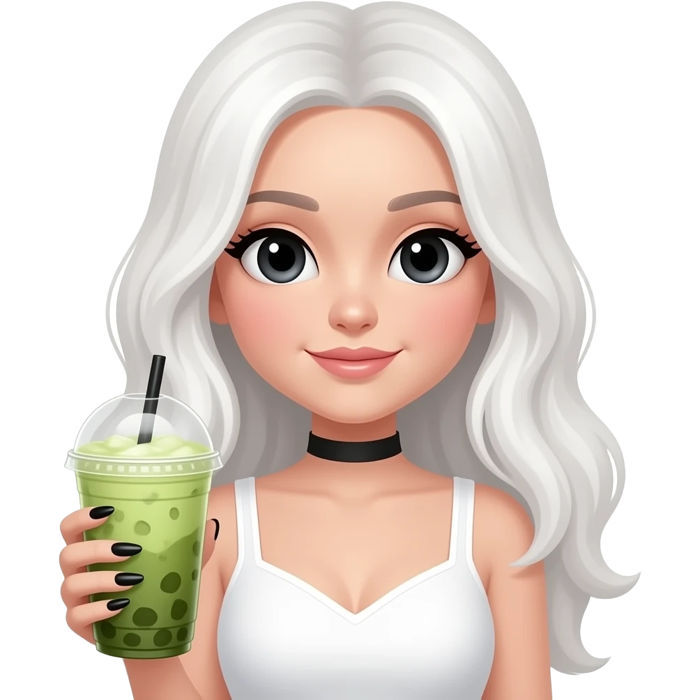 lady with black eyes and white really long hair, long black nails and holding a big iced matcha, wearing a cute white top emoji