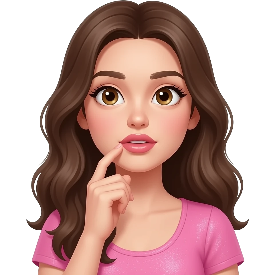 Pretty woman planning and thinking and has her finger on her lips and thinking and looking up with big nacho lips, slim face skinny wearing pink clothes and looks very beautiful and is around the age of 20 and very girly and glittery emoji