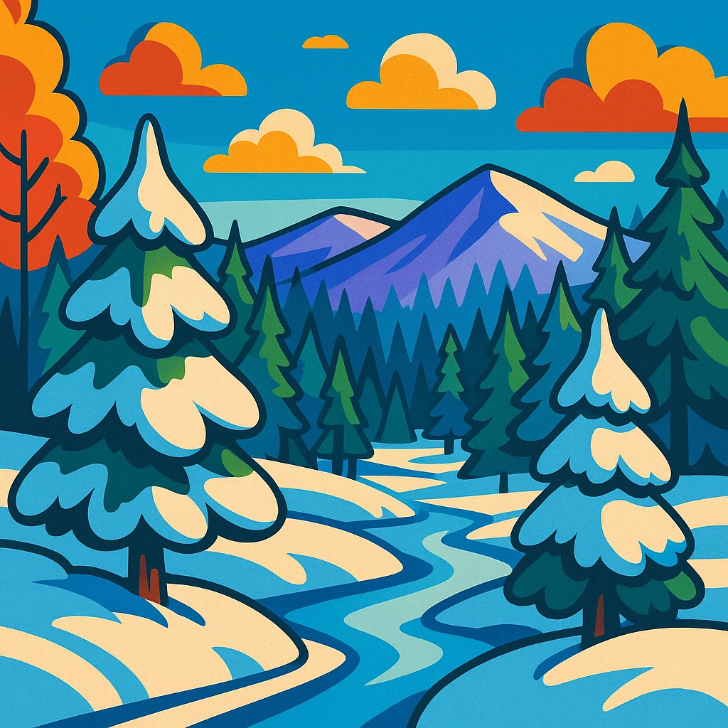 Siberia landscape, snowy forest, vibrant cartoon style emoji