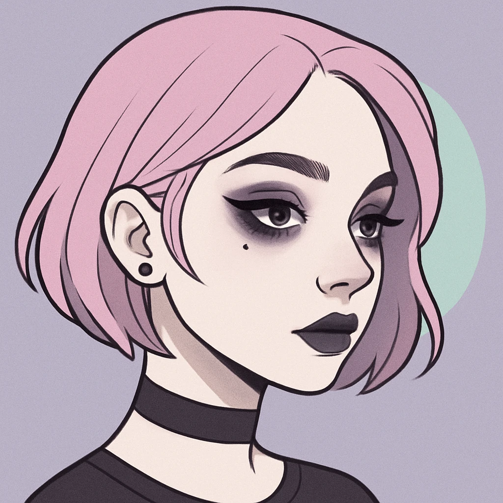 Make this pastel goth profile picture more goth, keep it cute, expressive, and minimal, in the style of imagen-4-fast-KaUtLiSA10F. Enhance goth elements with subtle dark tones and pastel goth aesthetics while maintaining cuteness and expressiveness with minimalistic design. emoji