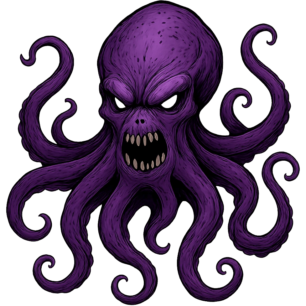 Remove the nose, make the octopus look scary, keep the purple color, with no background. Maintain the original style and details of the octopus while making it look scary and purple. emoji