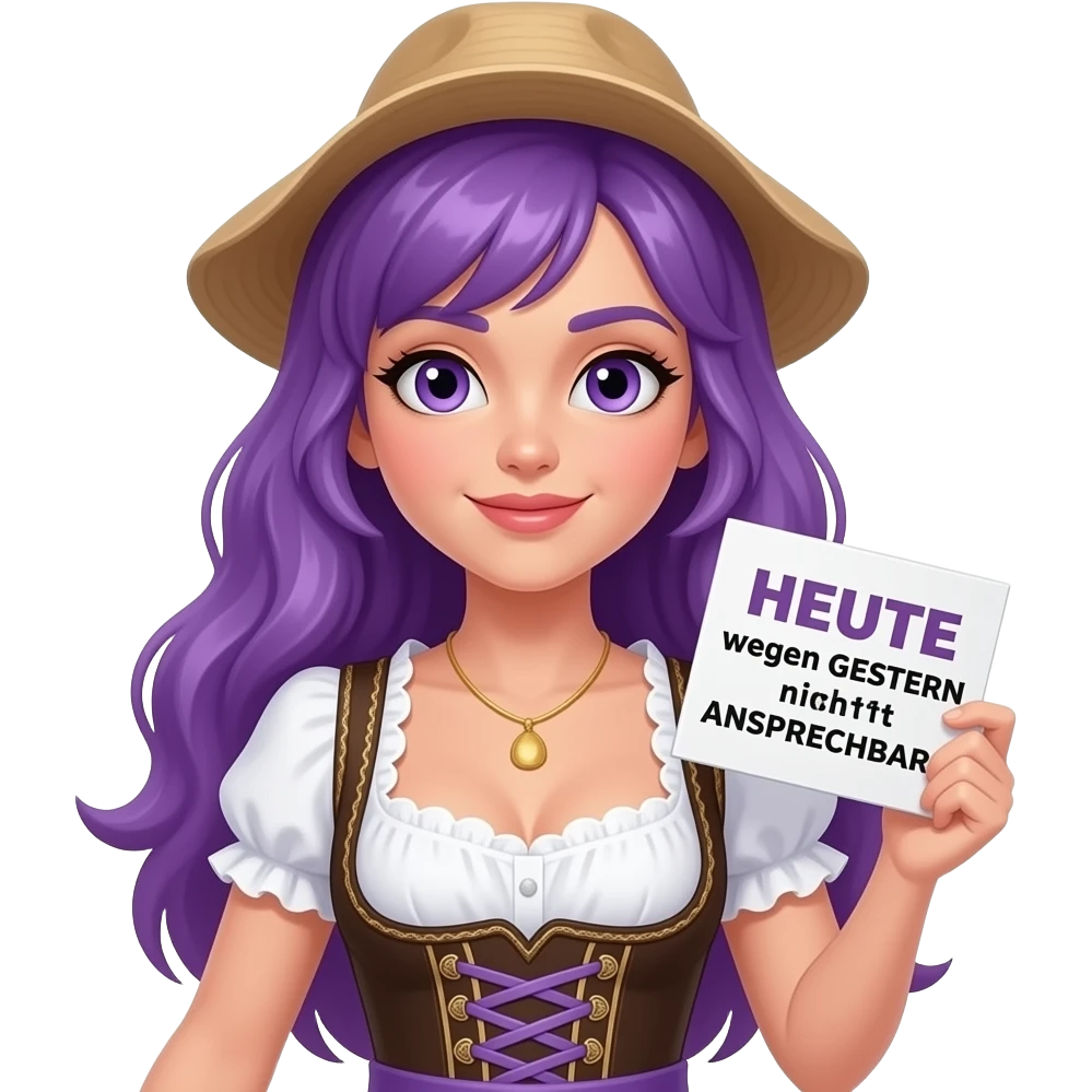 sexy girl with long purple hair and purple eyes wearing a dirndl holding a HEUTE wegen GESTERN nicht ANSPRECHBAR! sign emoji