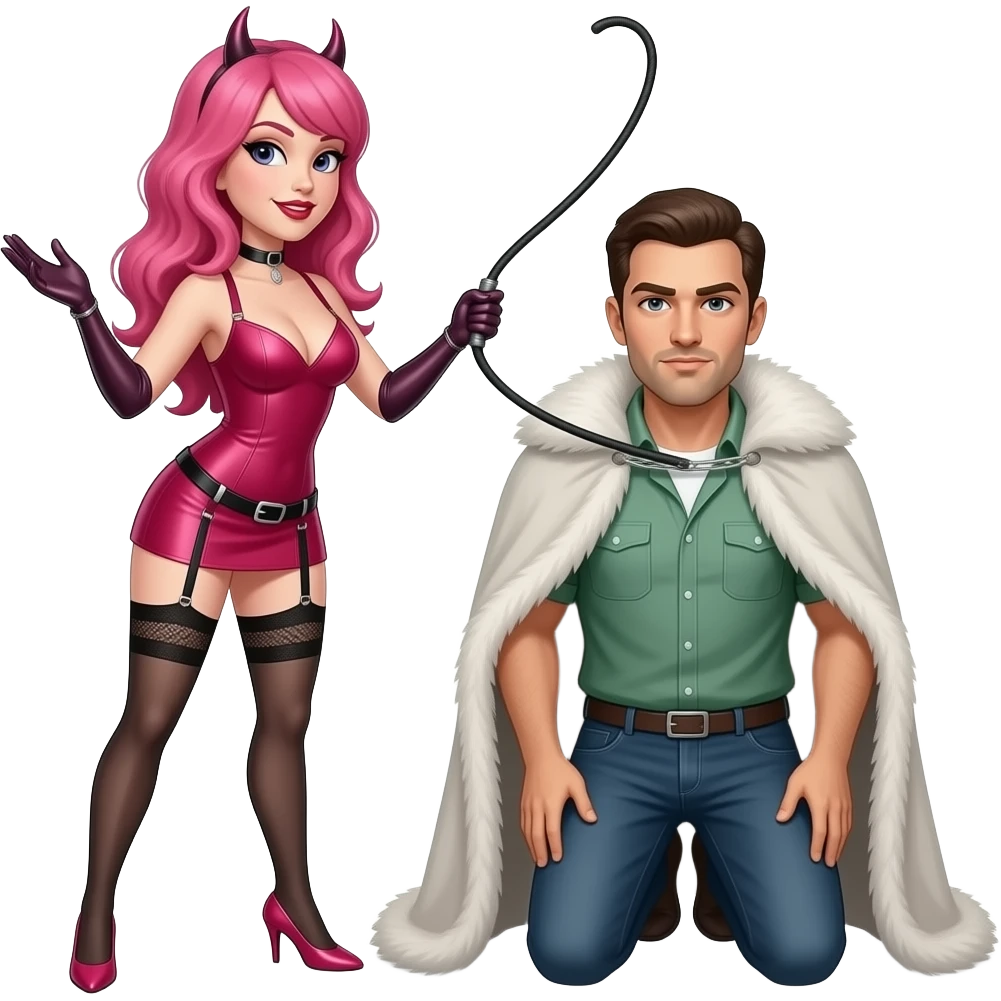 Una dominatrice con i capelli rosa con la frusta, un dominatore che frusta un uomo inginocchiato emoji