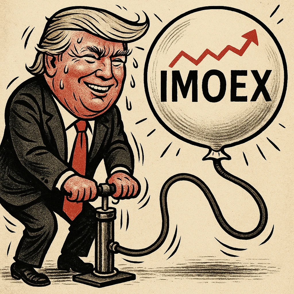 Дональд Трамп в стиле пропагандисткой карикатуры улыбается в поте лица качает через насос, который подключен к шарику, который символизирует фондовый рынок и на нём написано IMOEX emoji