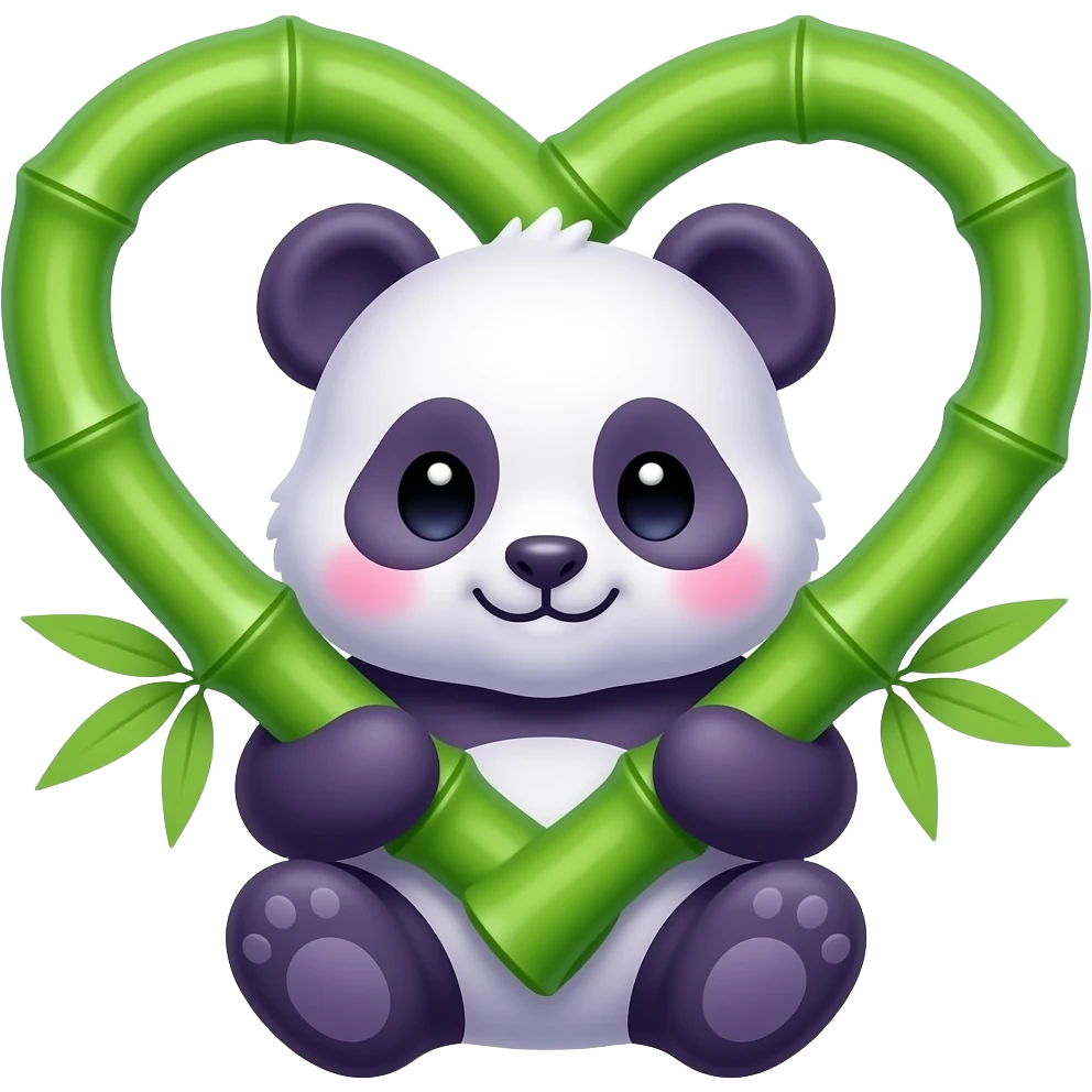 A cute purple panda hugging two bright green bamboo stalks that are curved together to form a heart shape. Kawaii aesthetic, soft pink blushing cheeks, bold outlines, vibrant green and deep purple colors, solid background. emoji