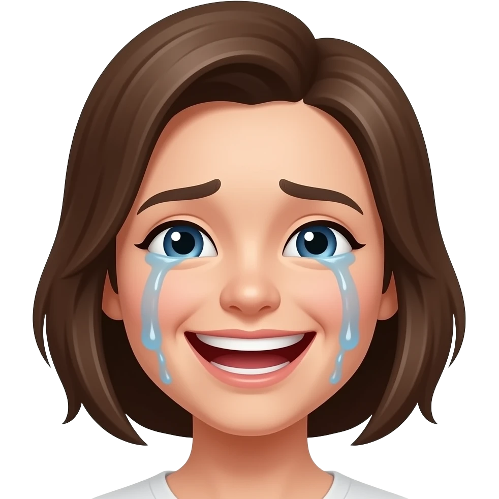 Glossy 3D rendered crying laughing emoji, classic round yellow circle face, front-facing, soft shading, white background emoji