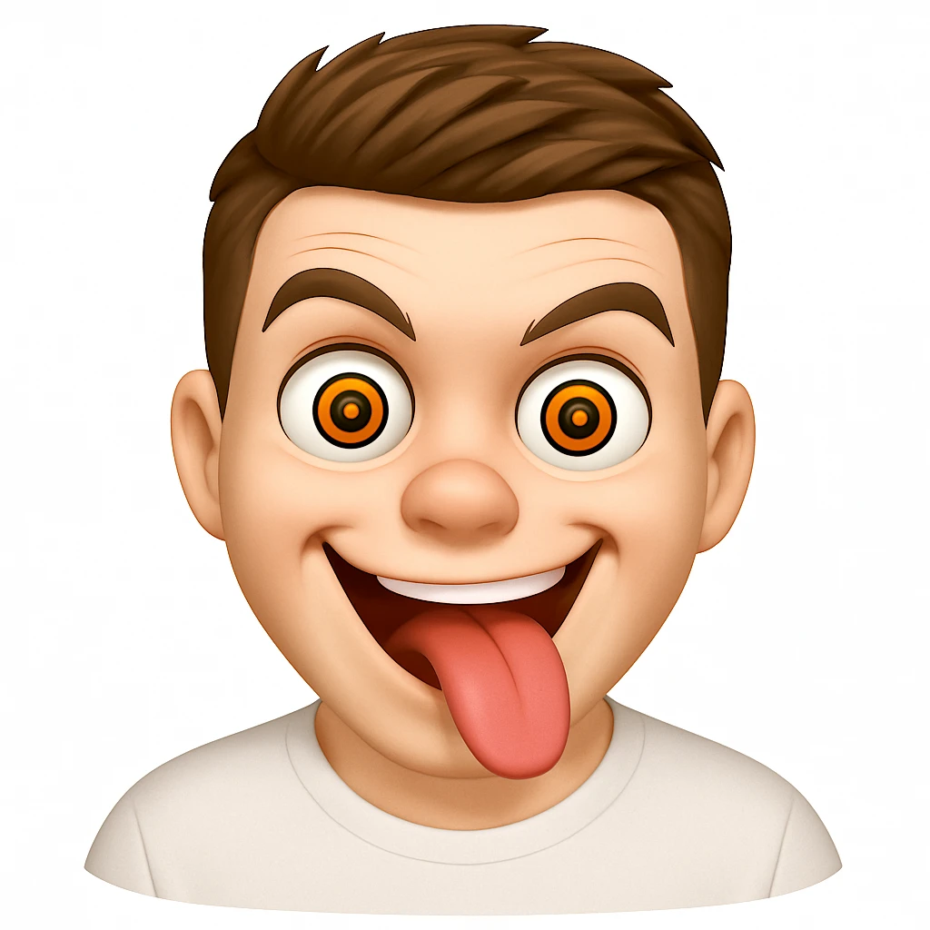 Based on these photos, make an emoji with facial features preserved, man in white t-shirt, crazy emoji