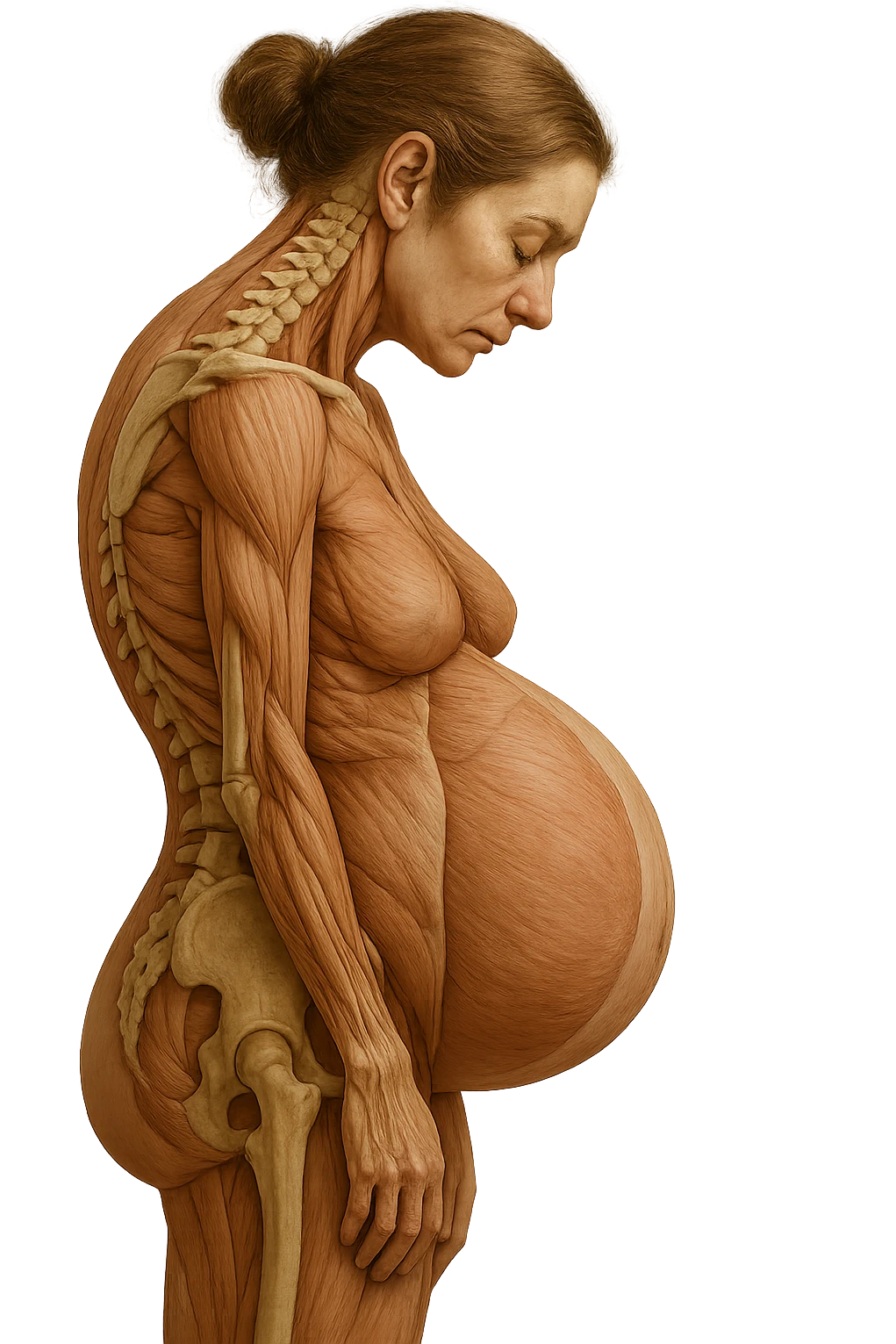 donna in gravidanza di profilo con spina dorsale in evidenza, postura storta, spalle chiuse in avanti, iperrealistica 4k emoji