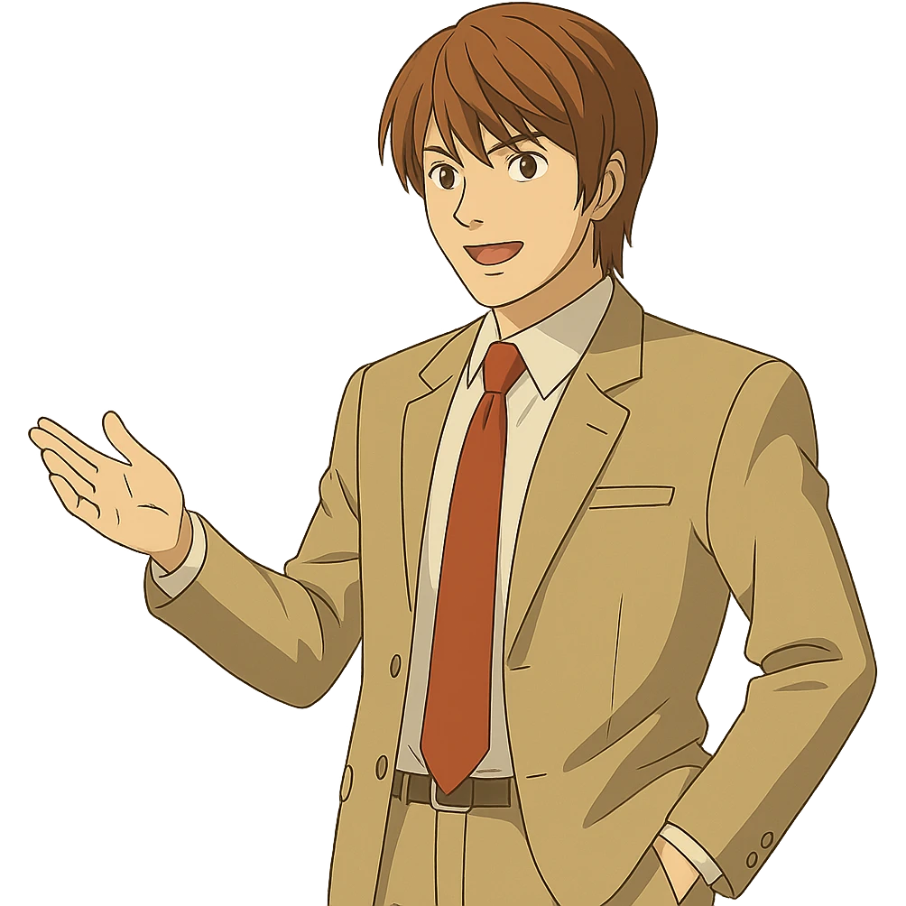 Light Yagami in Ghibli style, standing with one hand in pocket, relaxed pose, transparent background. emoji