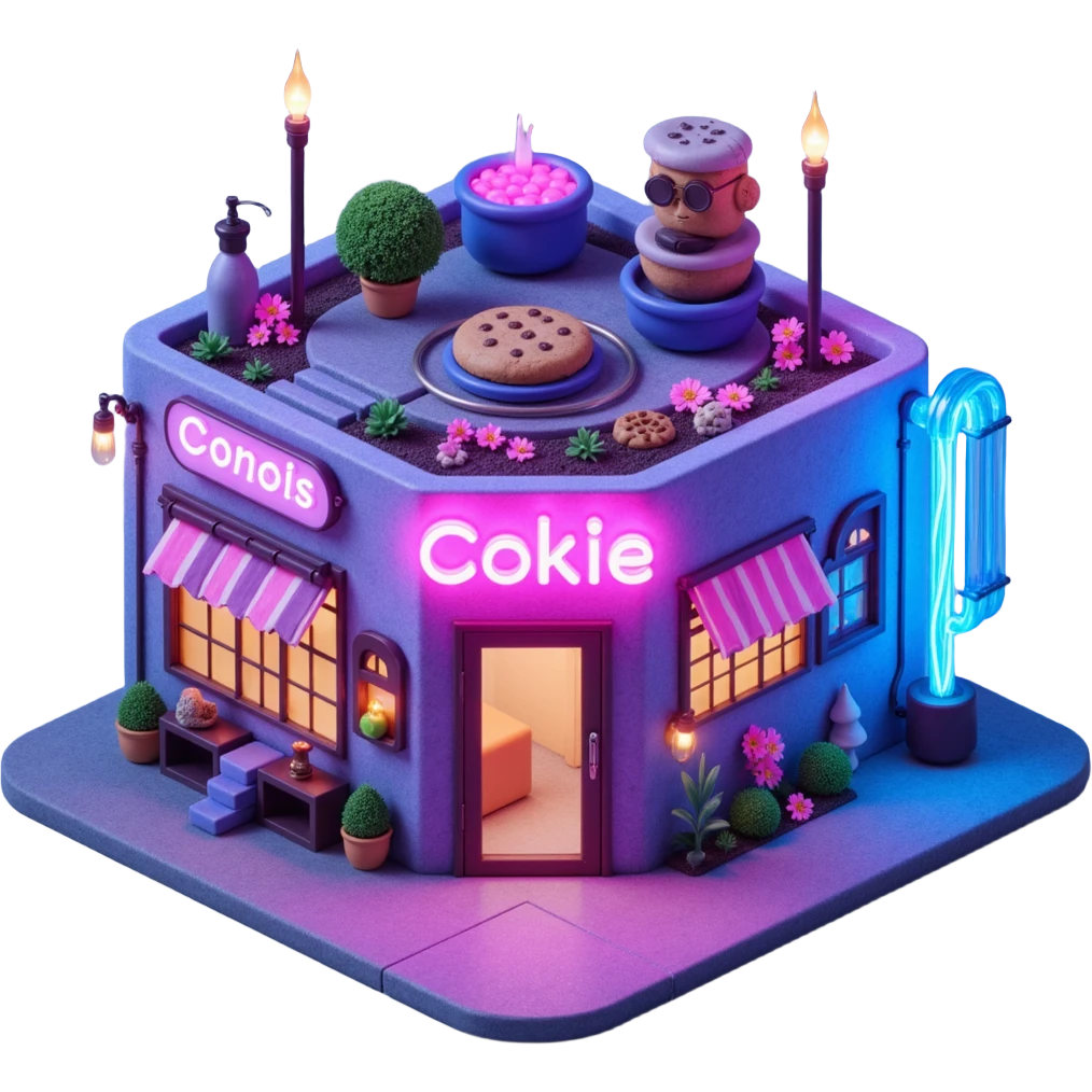 Exterior of a cyberpunk cookie factory, neon lights outlining the building, laser beams scanning the entrance, glowing pipes in electric blue and pink wrapping the facade, emoji-style emoji