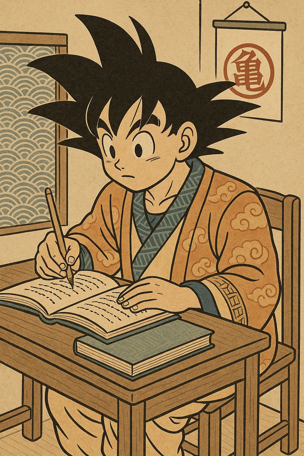 Goku as a student, sitting at a desk, studying, with spiky hair, anime style emoji
