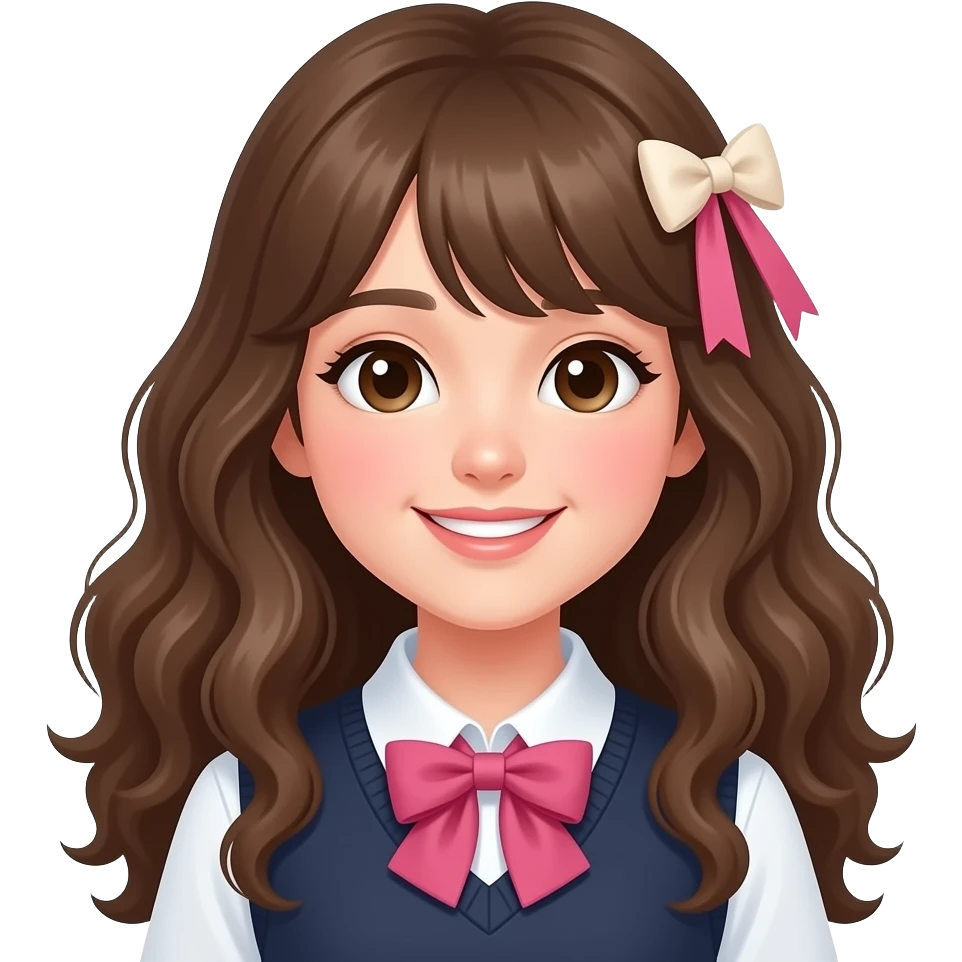 A female student with long hair, fair skin, rosy cheeks, and a sweet, innocent look. Her hair is softly curled in natural waves and tied with a pink bow. She has a bright smile and wears a minimalist style bow in white or beige. emoji