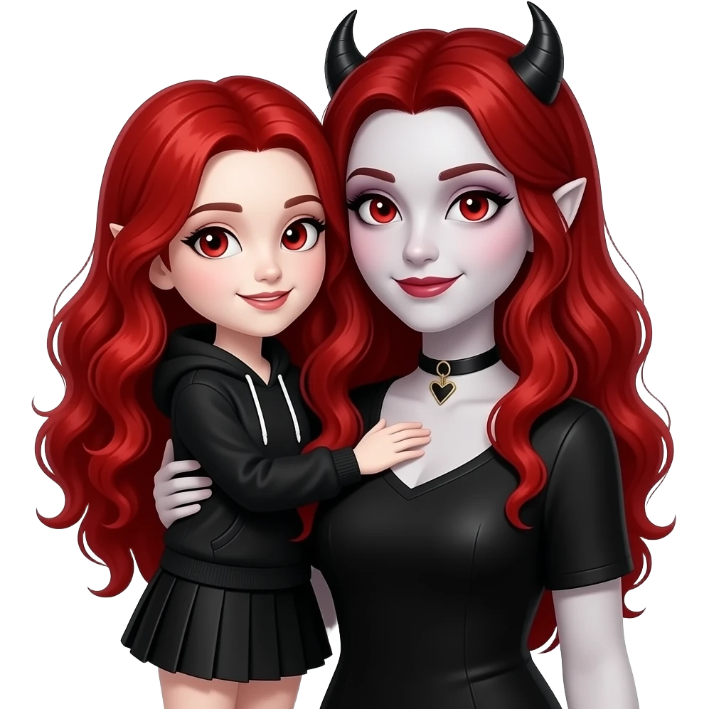 Vampiro femmina 12 enne con capelli lunghi rosso fuoco ondulati con pelle bianca che indossa una gonna corta nera e una felpa e che abbraccia la madre VAMPIRO emoji