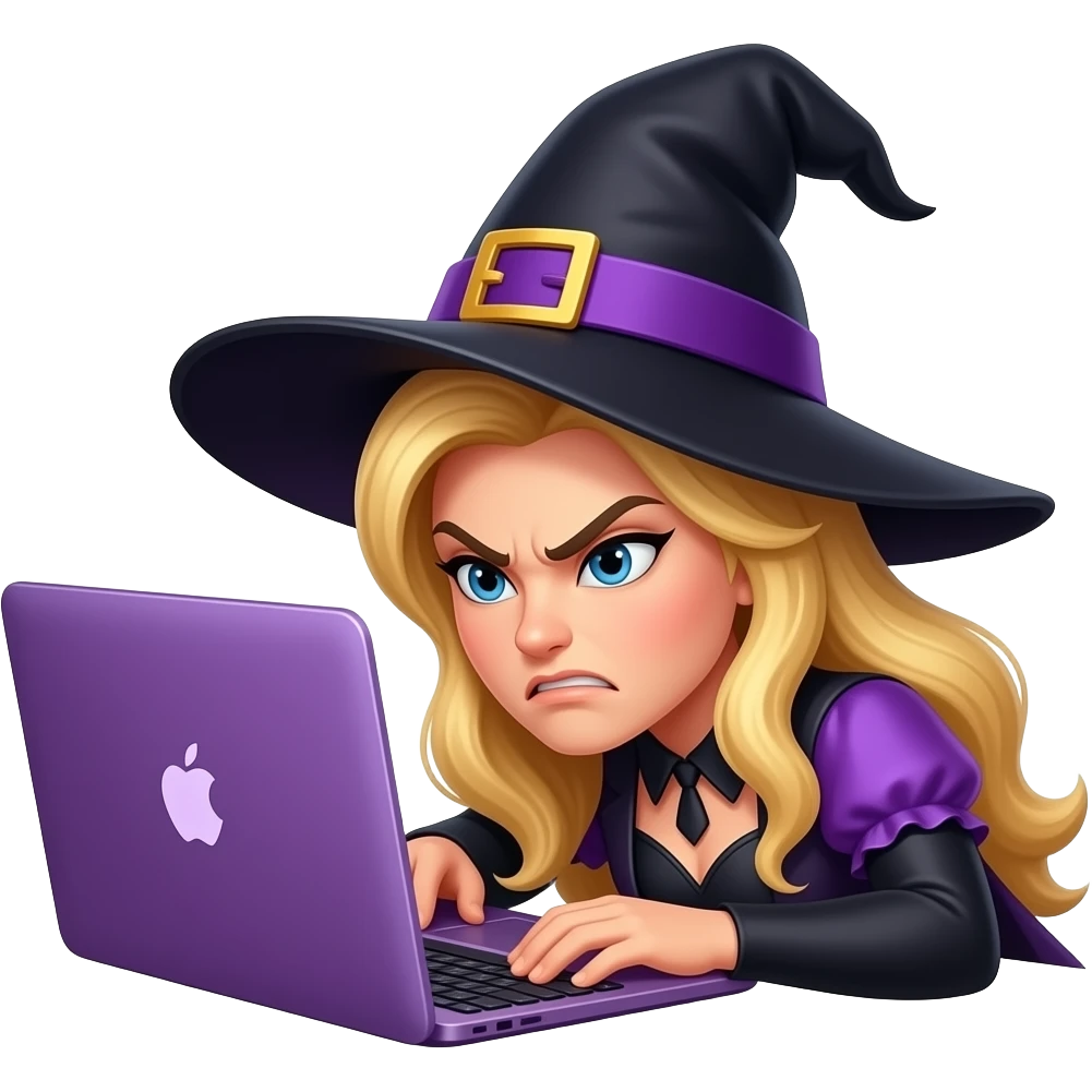 blonde witch, resting head on purple apple macbook keyboard, looking angry,purple and black outfit emoji