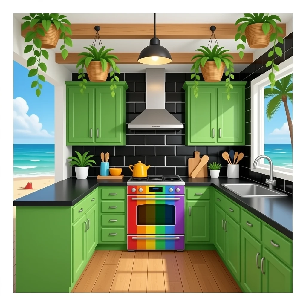 fancy kitchen with black wall tiles, grass green cabinets, rainbow metal appliances, black countertops, wood floors, grass and decorative plants on the ceiling, on the beach emoji
