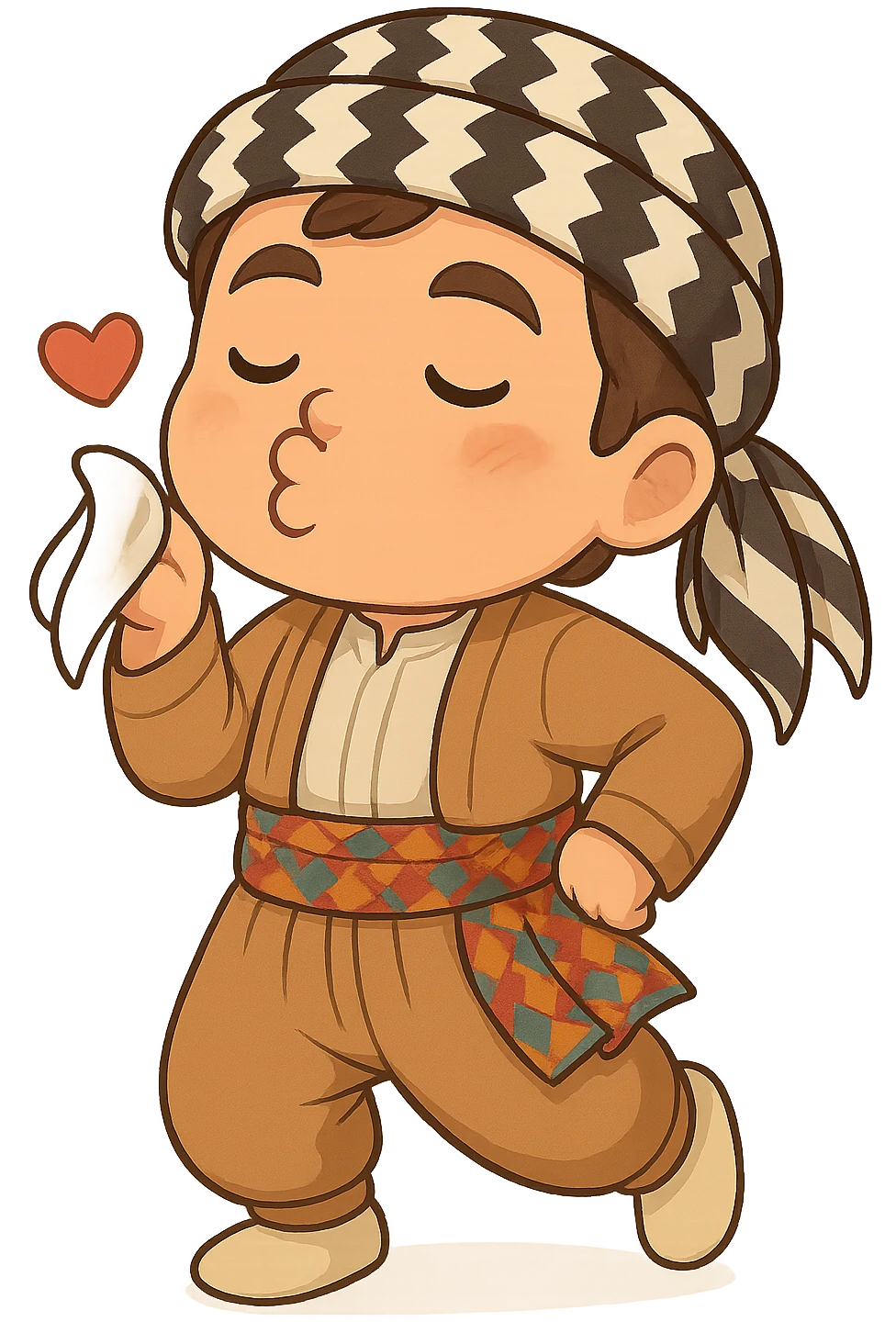 Create a chibi Kurdish cartoon sticker based on the reference image, showing a kissing (sending a kiss) expression, with a transparent background. emoji