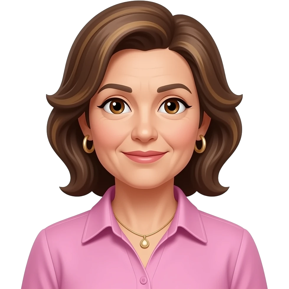 woman in 50s with brown highlighed highlights wearing pink formal shirt, brown eyes, hoop earrings and necklace emoji