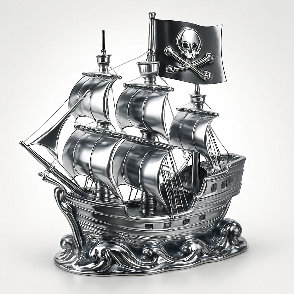 chrome style pirate ship on stormy seas with large flag showing chrome skull and crossed bones emblem, highly reflective metallic chrome style on ship and flag emoji