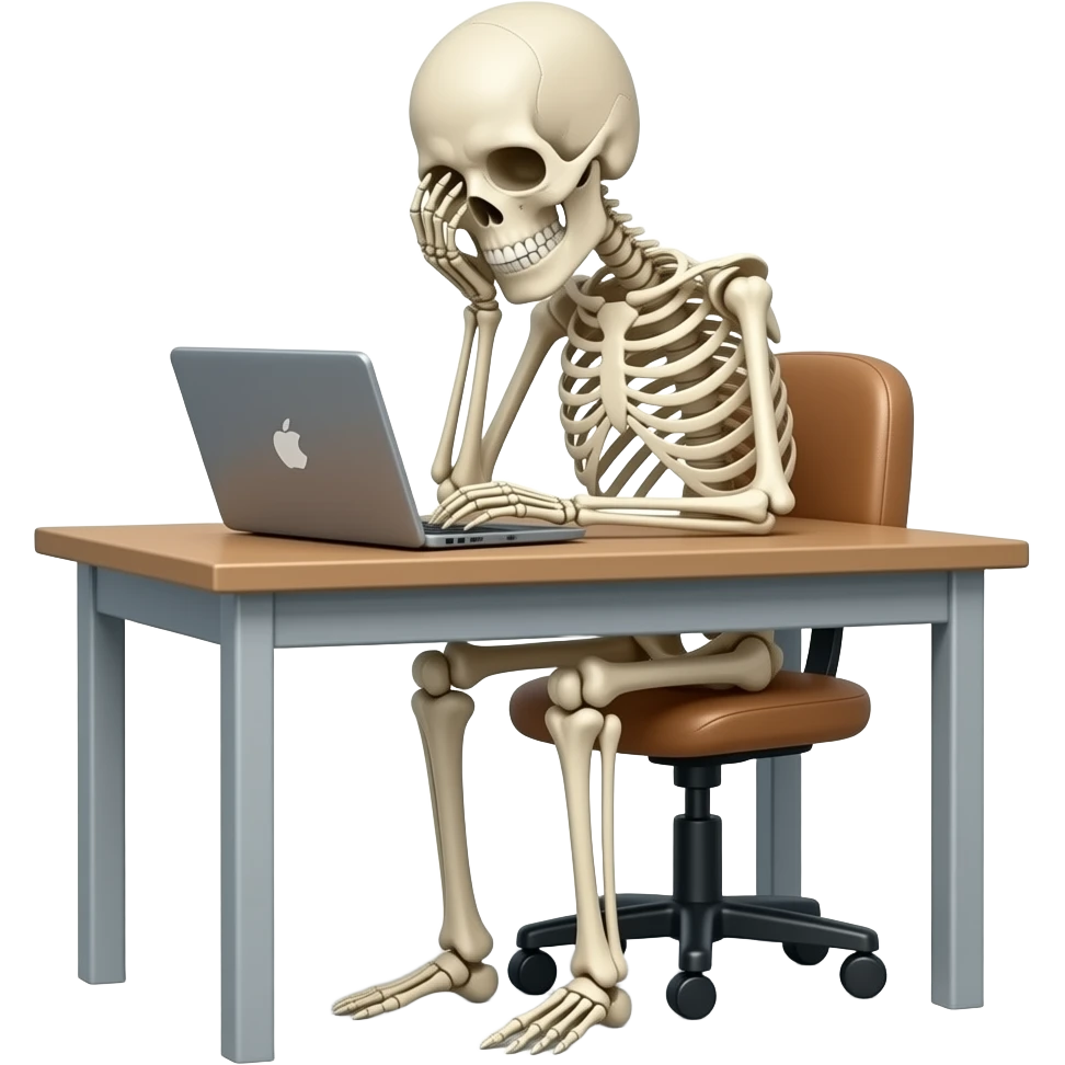 A skeleton sitting at the desk with a laptop, looking exhausted, waist and up view, save real-life proportions emoji