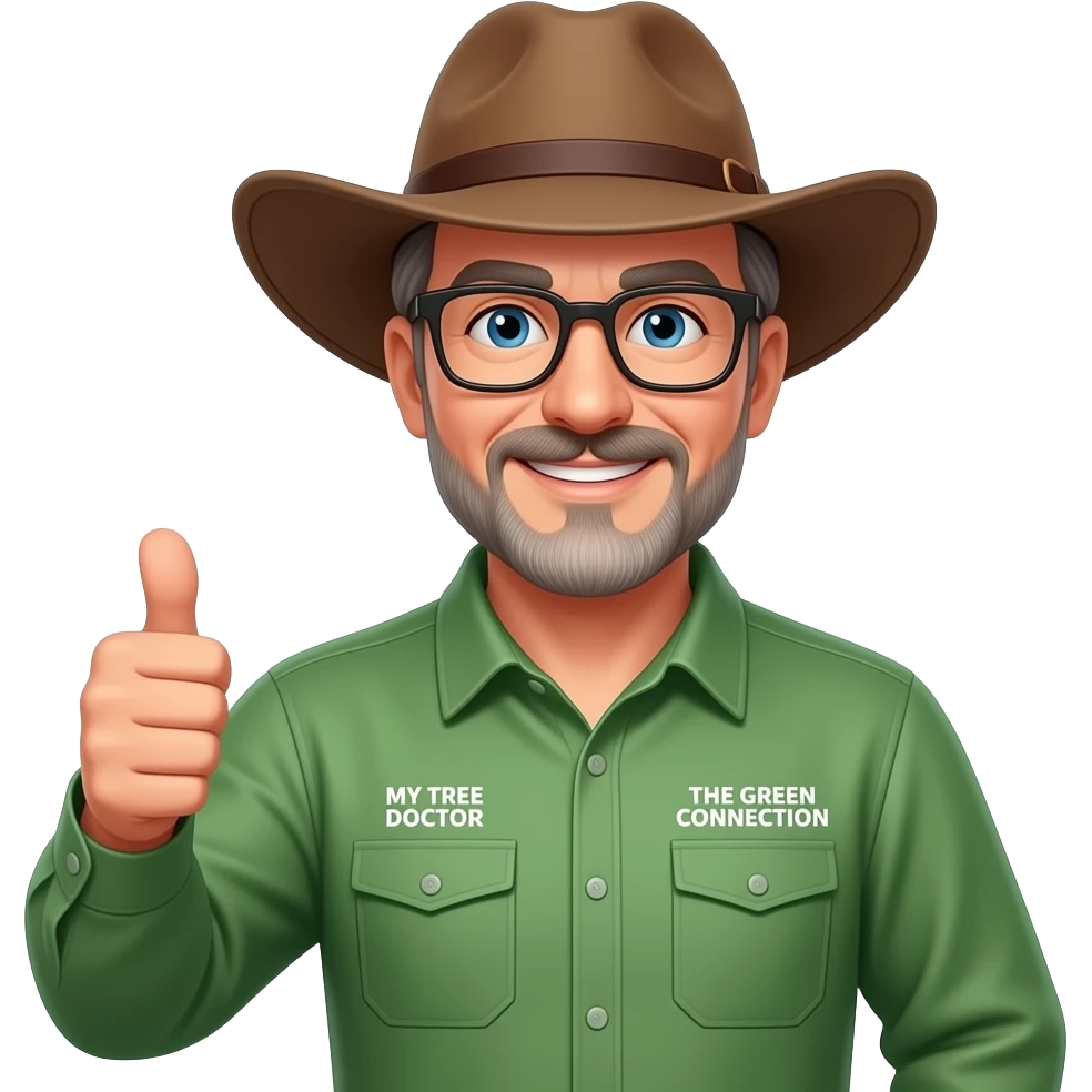 wide-smiling middle-aged man blue eyes. Dark rectangle glasses, green-collared, long-sleeve shirt, thumbs up.  Wide-brim brown Australian Akubru hat.  Insert 'THE GREEN CONNECTION' in white directly onto the right side pocket & 'MY TREE DOCTOR' onto the left side pocket emoji