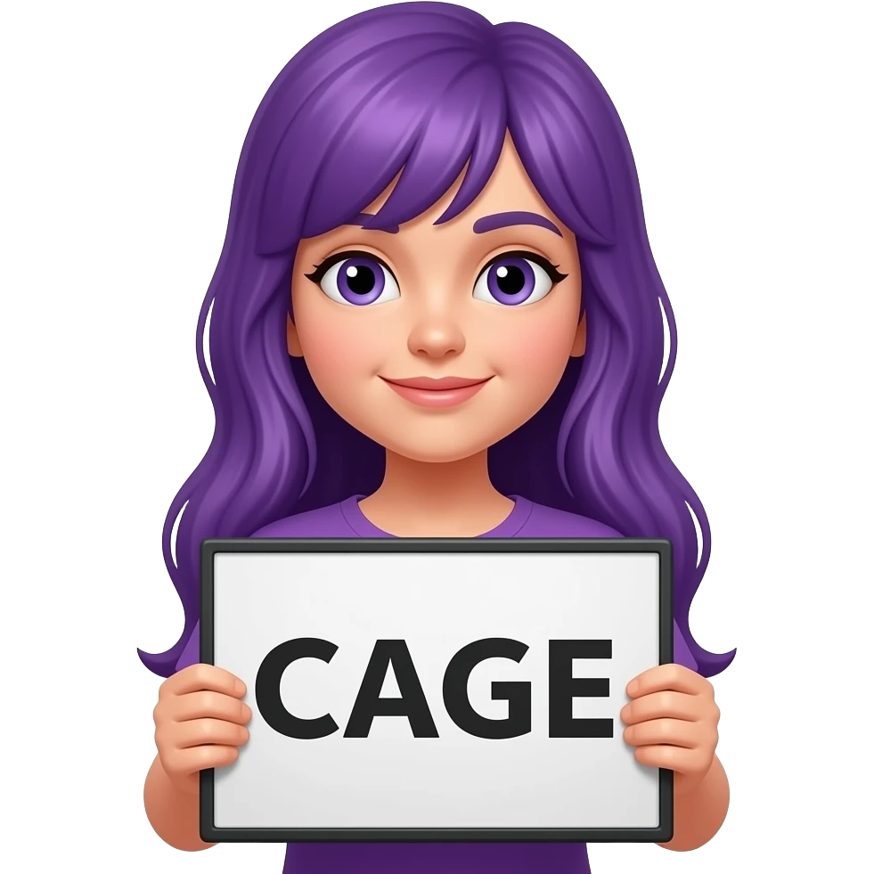 girl with long purple hair with a CAGE sign emoji