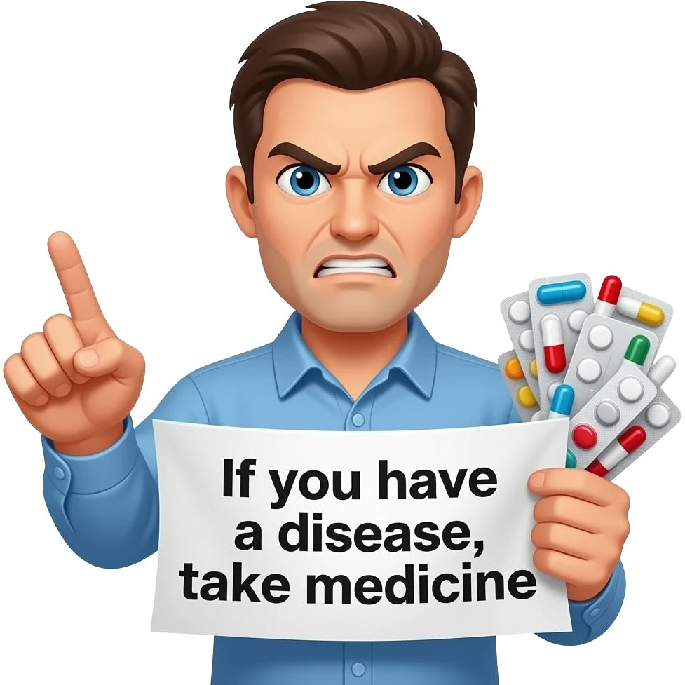 An angry man left hand pointing me, right hand holding plenty medicine with a banner「有病就食藥」 emoji