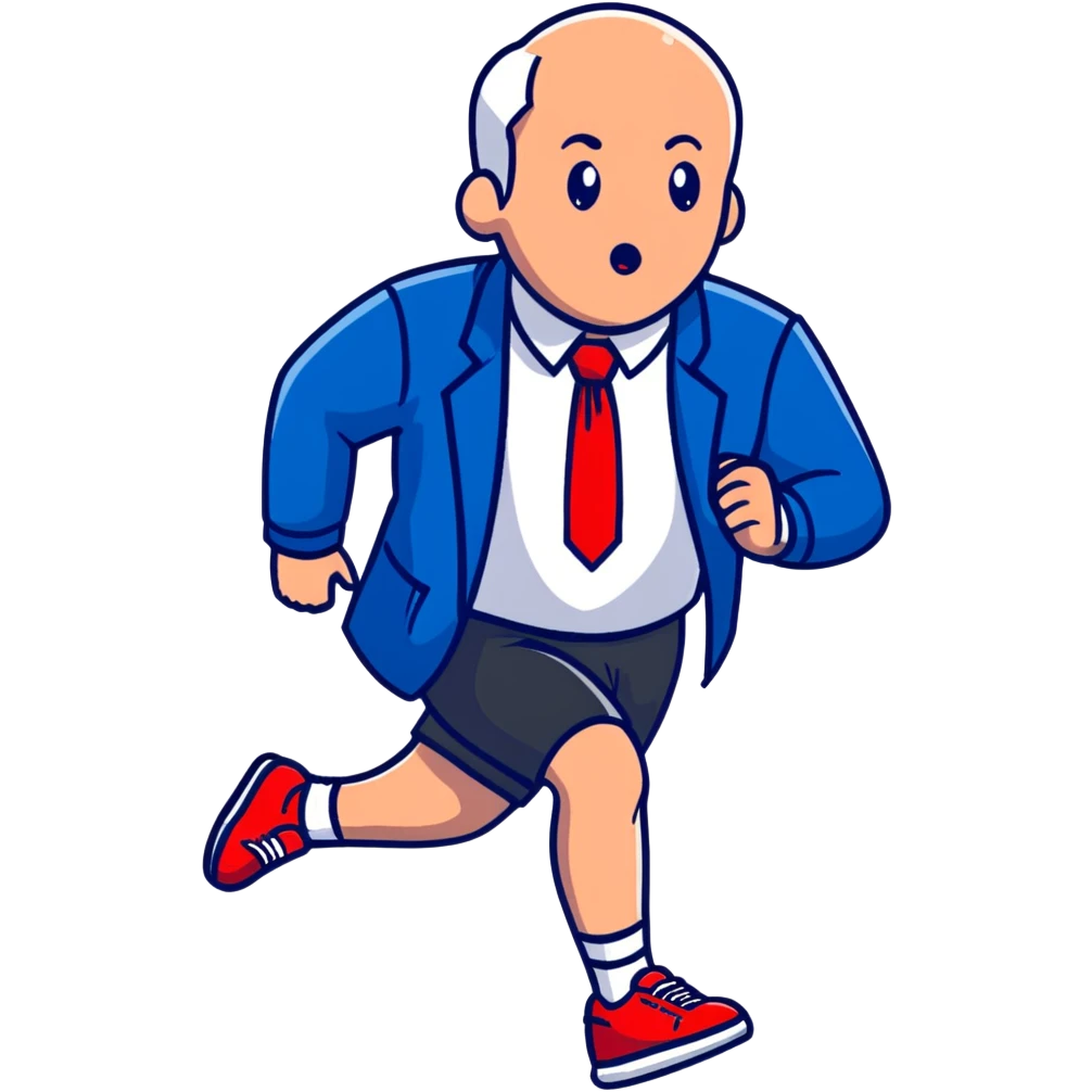 a running white man wearing a blue jacket, shorts, red sneakers, and a flowing red tie emoji