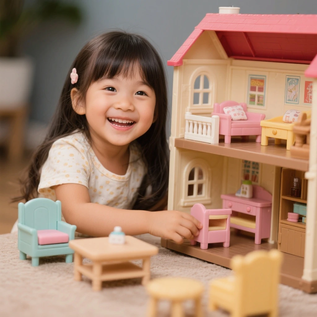smiling girl arranging furniture in doll house emoji