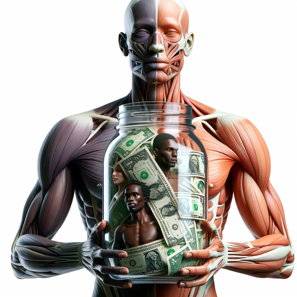 corpo umano anatomico che ha in mano un barattolo di vetro pienissimo di banconote, iperrealistica 4k, isolato su sfondo bianco emoji
