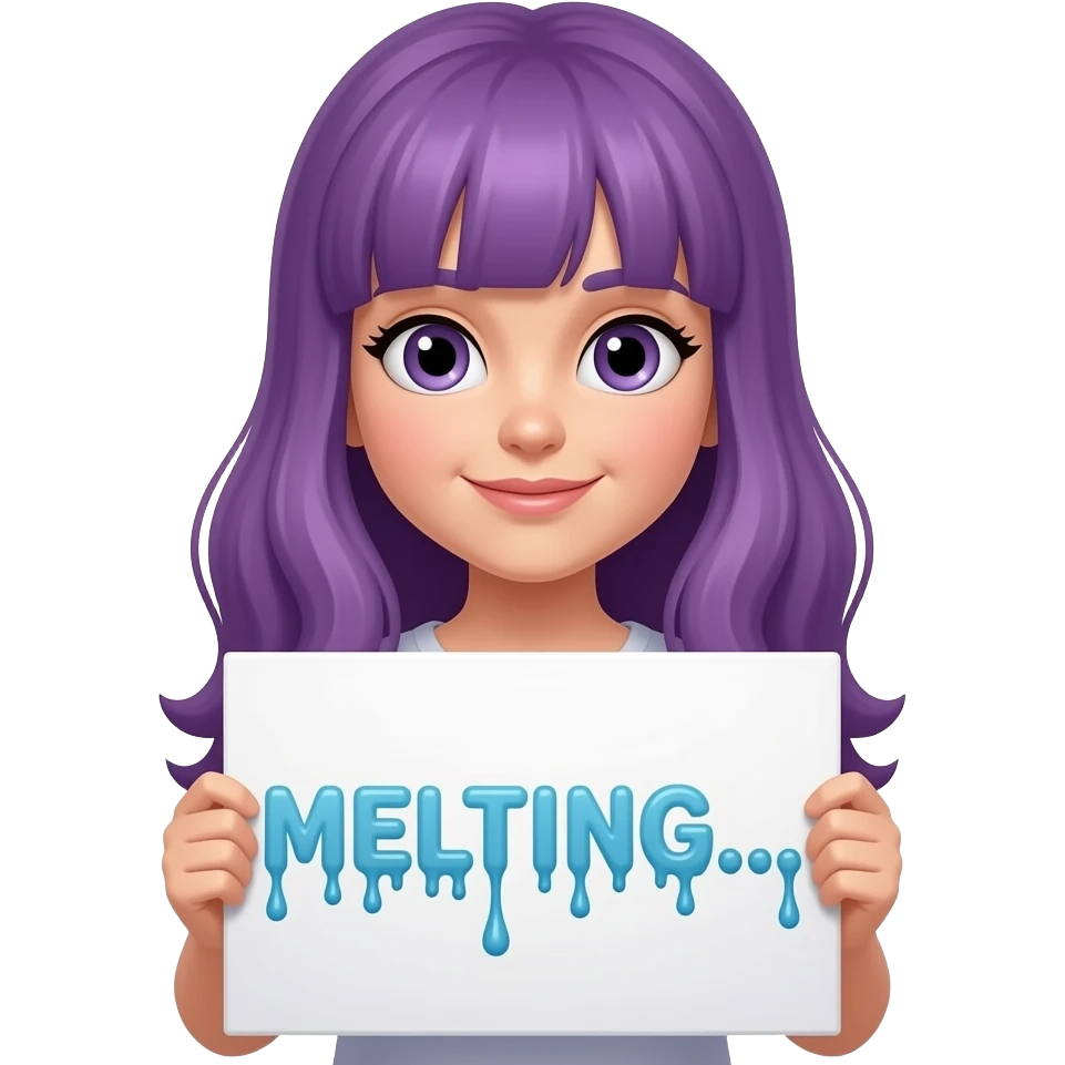 girl with long purple hair with a MELTING... sign emoji