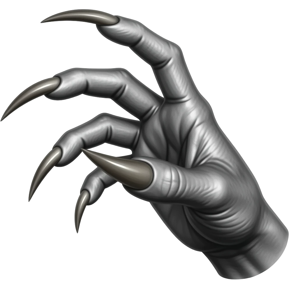Demonic dark silver hand with long sharp dark ivory color claws. Shift the perspective to a side profile to show the curvature and length of the claws more clearly. emoji