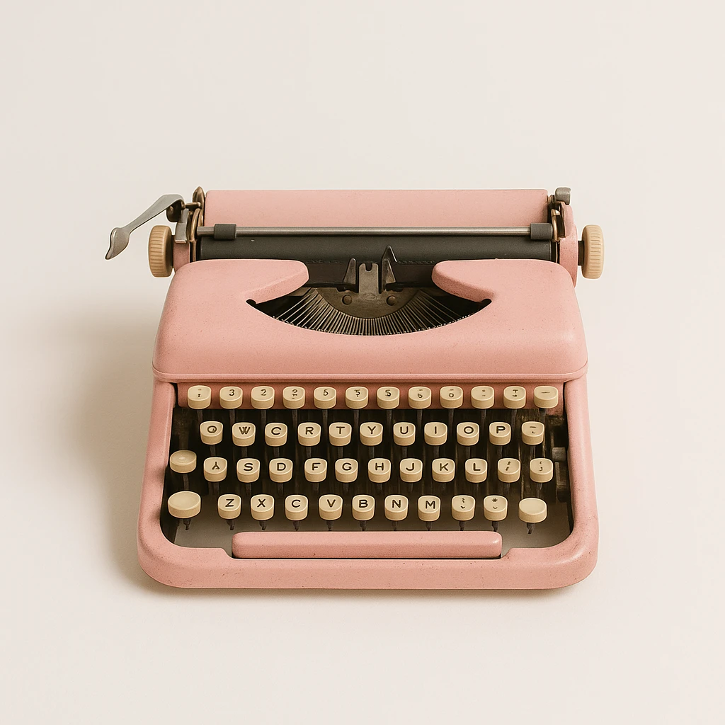 vintage typewriter, pink, minimal, on white background, no text emoji