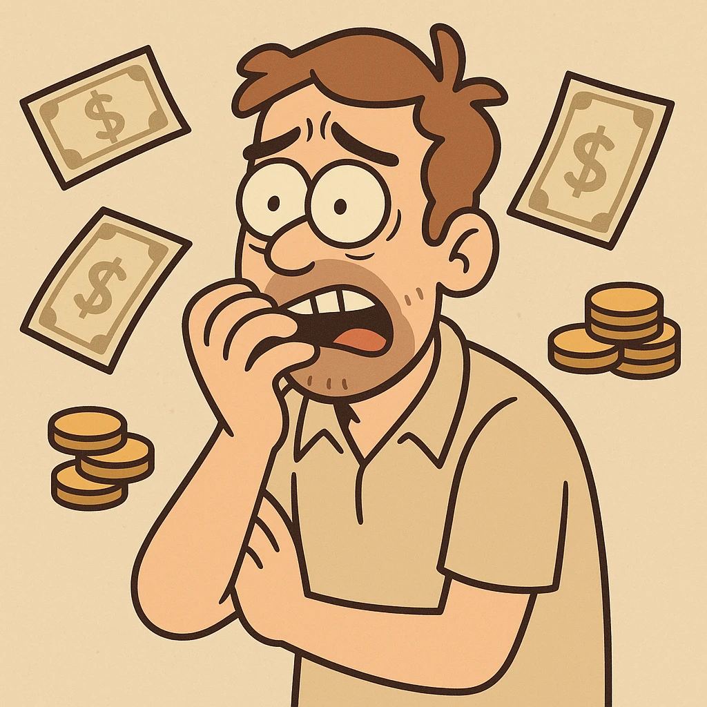 a flat toon man biting his nails, surrounded by bills and coins, worried emoji